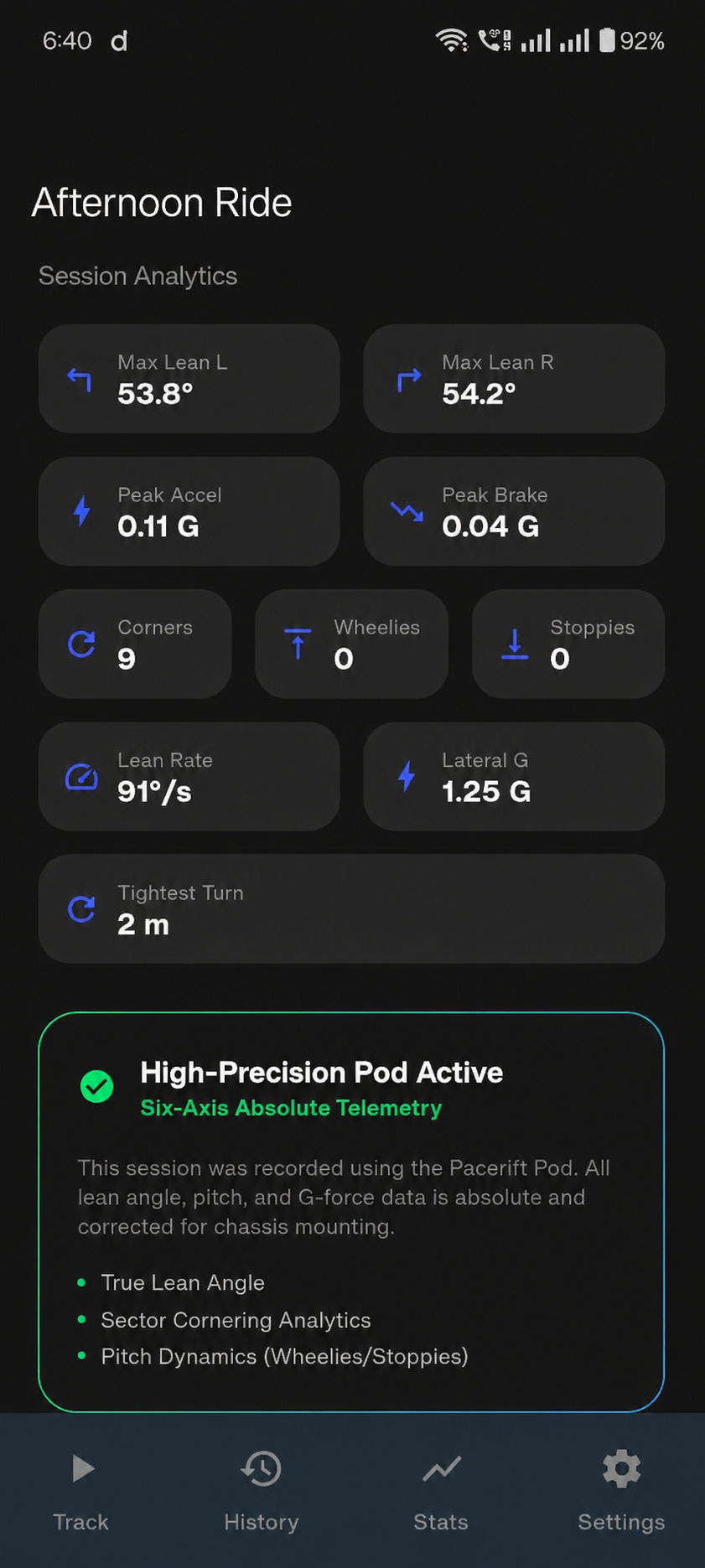 Pacerift G-force analysis screen